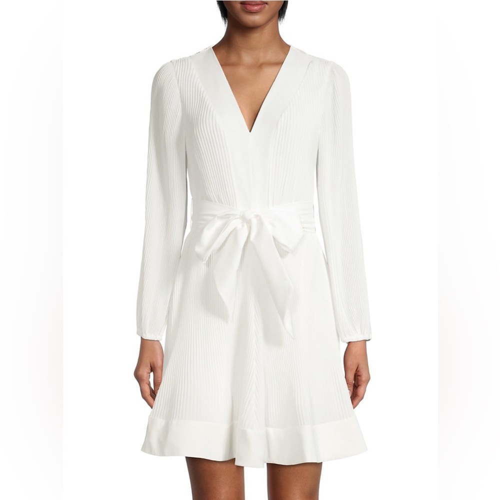 Milly Liv White Pleated Long Sleeve Belted V-Neck Mini Dress